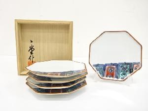 辻一堂造　染付　色絵　更紗文　八角皿　5客揃